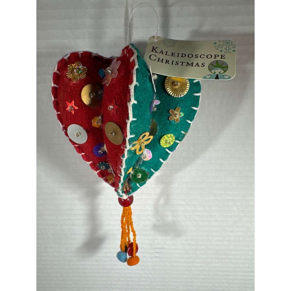 World Market Kaleidoscope Christmas Felt Heart Sequin Beaded Ornament Multicolor